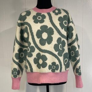 Sweater Crew Neck Long Sleeve British UK London Pink Cream and Green Size Large